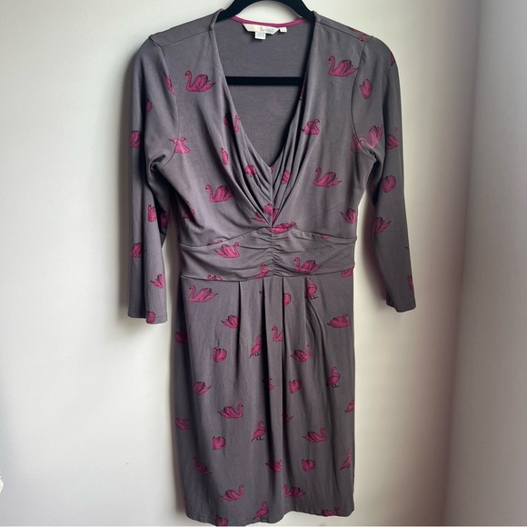 Boden Gray Ruched Sheath Dress with Pink Swans - Picture 4 of 16